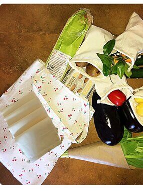 Cherry Print Reusable Cotton Canvas Grocery Shopping Tote & 4 Produce Bags Set